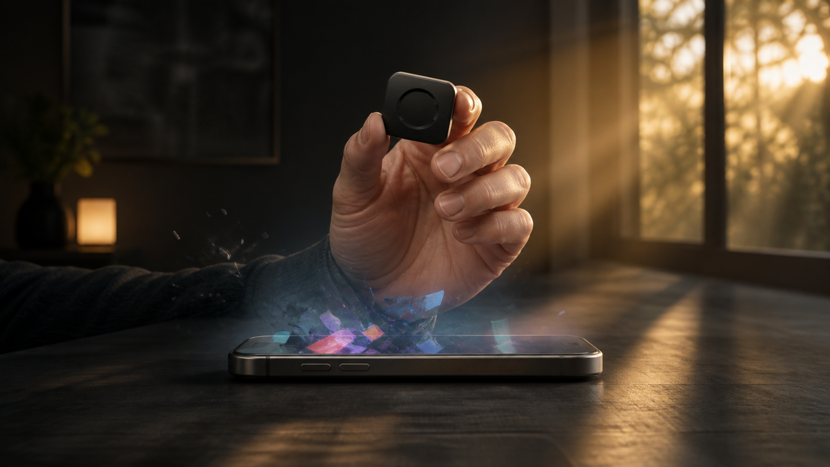 A hand holding a small matte black attention key above a quieted smartphone